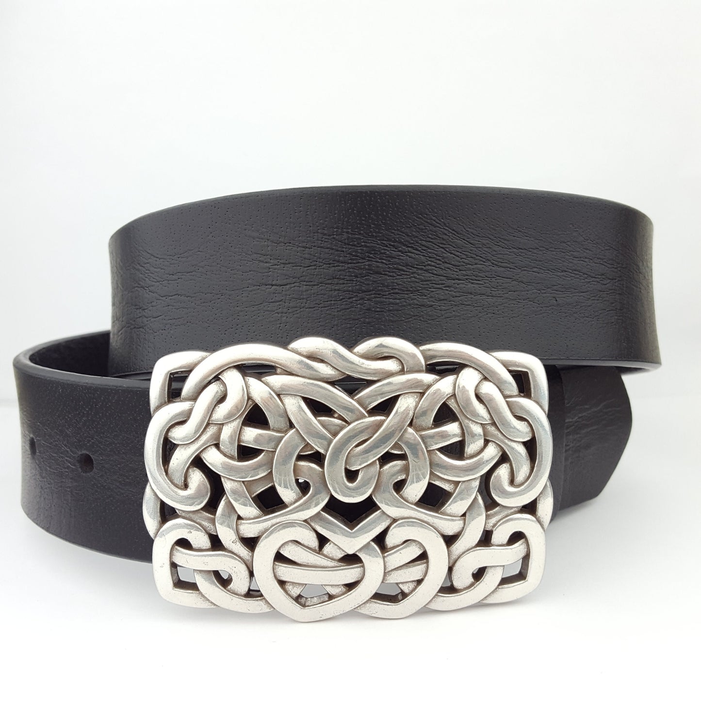 Belt: Genuine Leather Belt Strap w. Western Silver Heart Knotted Buckle