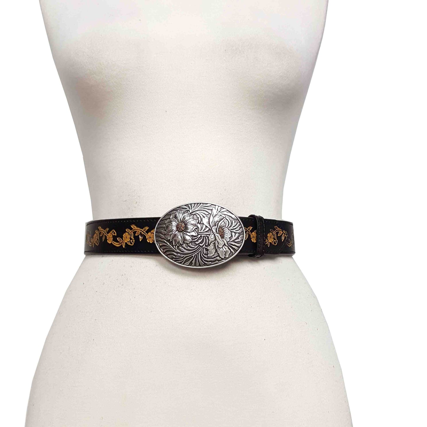 Belt: Western Floral Buckle with Vintage Hand Painted Tooled Belt
