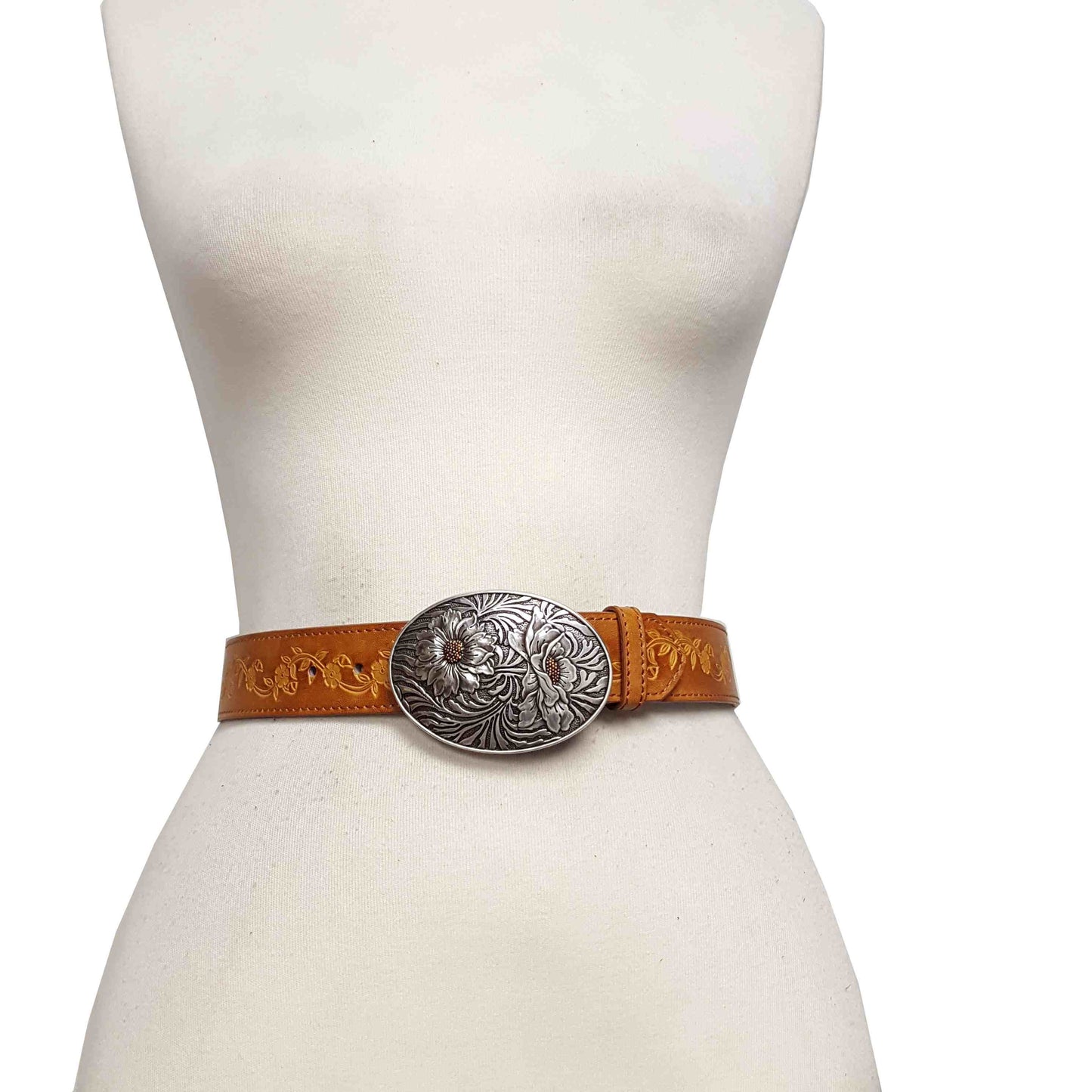 Belt: Western Floral Buckle with Vintage Hand Painted Tooled Belt