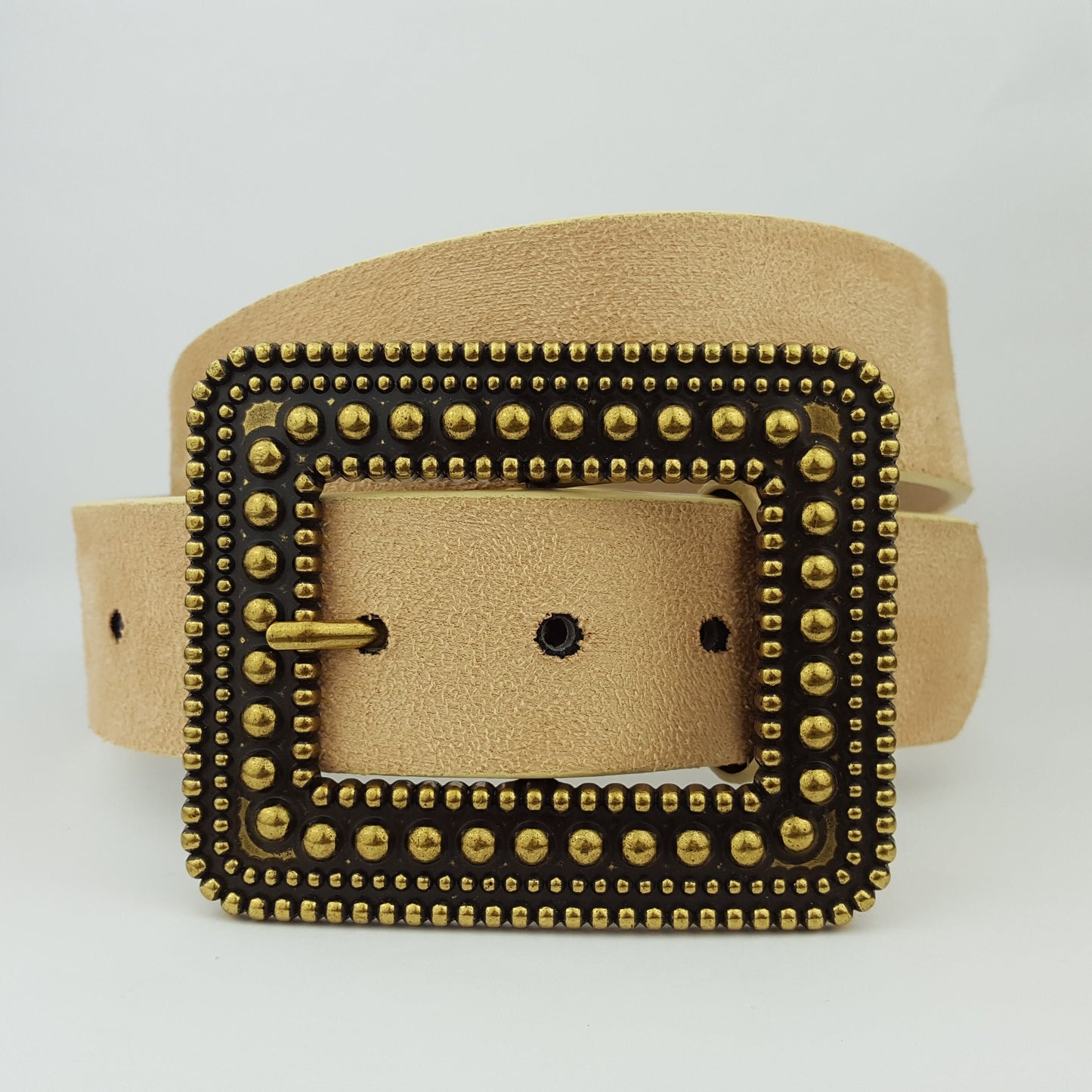 Belt: Rectangular Vintage Brass Buckle in Microfiber suede belt