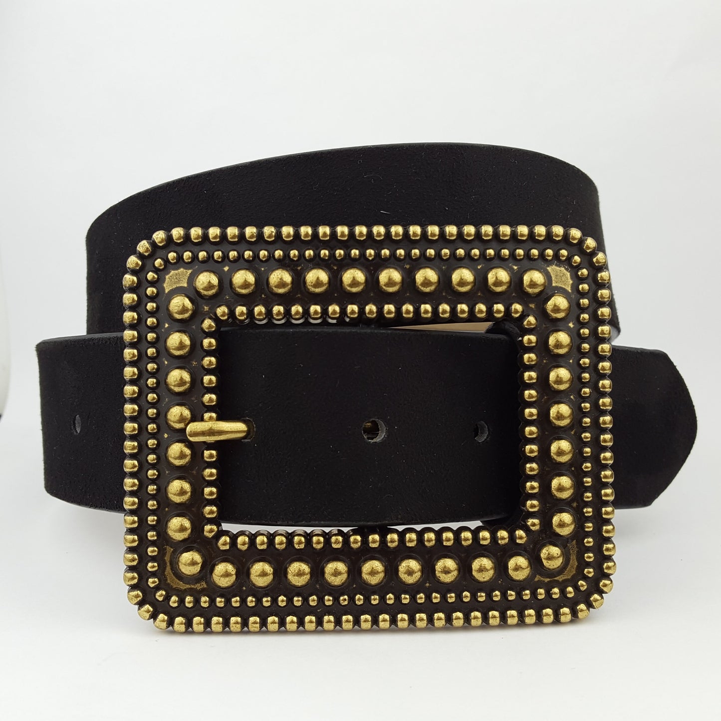 Belt: Rectangular Vintage Brass Buckle in Microfiber suede belt