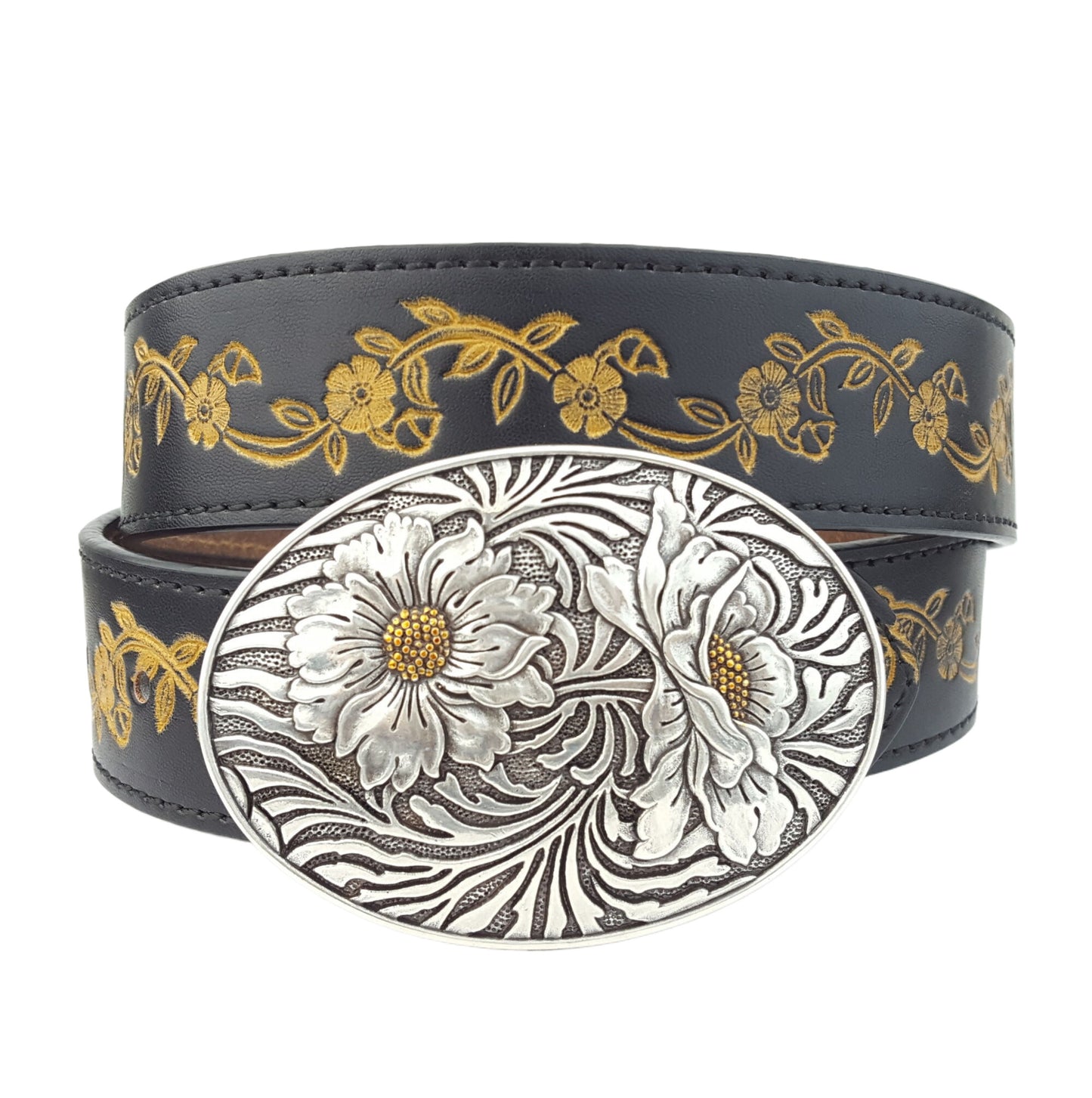 Belt: Western Floral Buckle with Vintage Hand Painted Tooled Belt
