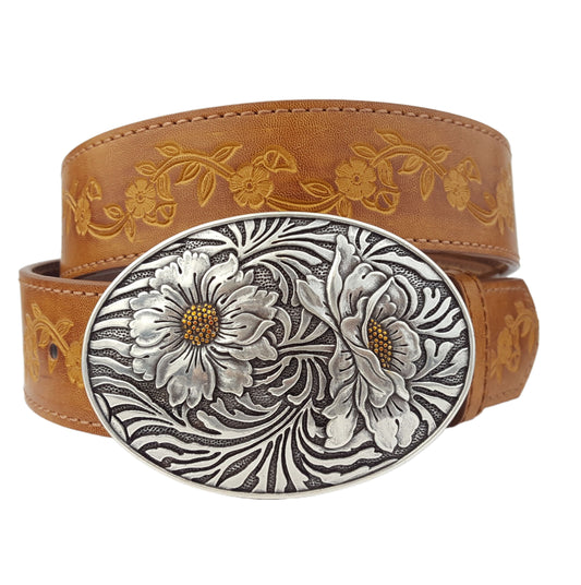 Belt: Western Floral Buckle with Vintage Hand Painted Tooled Belt