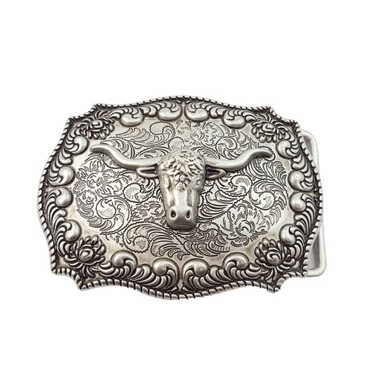 Buckle: Western Antique Silver Long Horn Design Belt Buckle