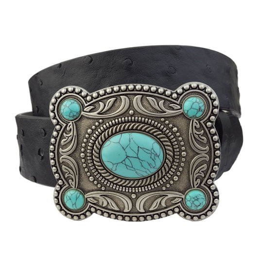 Belt: Western Silver Turquoise Buckle w. Ostrich Belt