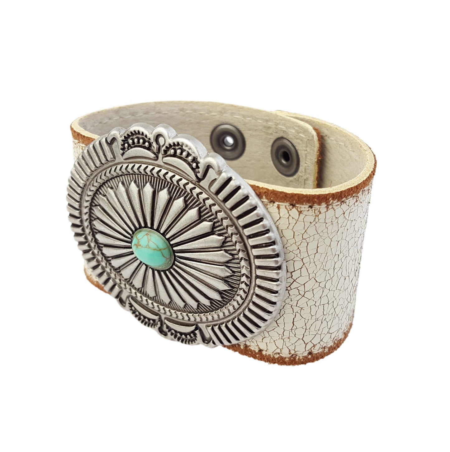 Bracelet: Vintage and Distressed Leather Cuff w. Concho